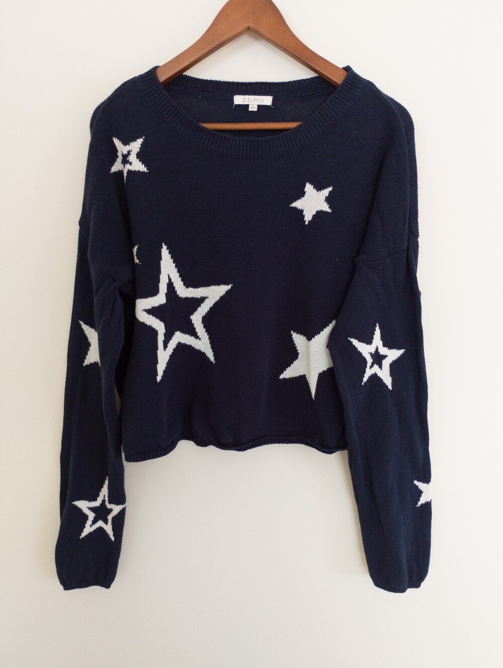 Z SUPPLY Seeing Stars Knit Sweater Navy Blue White Star Print Size Large